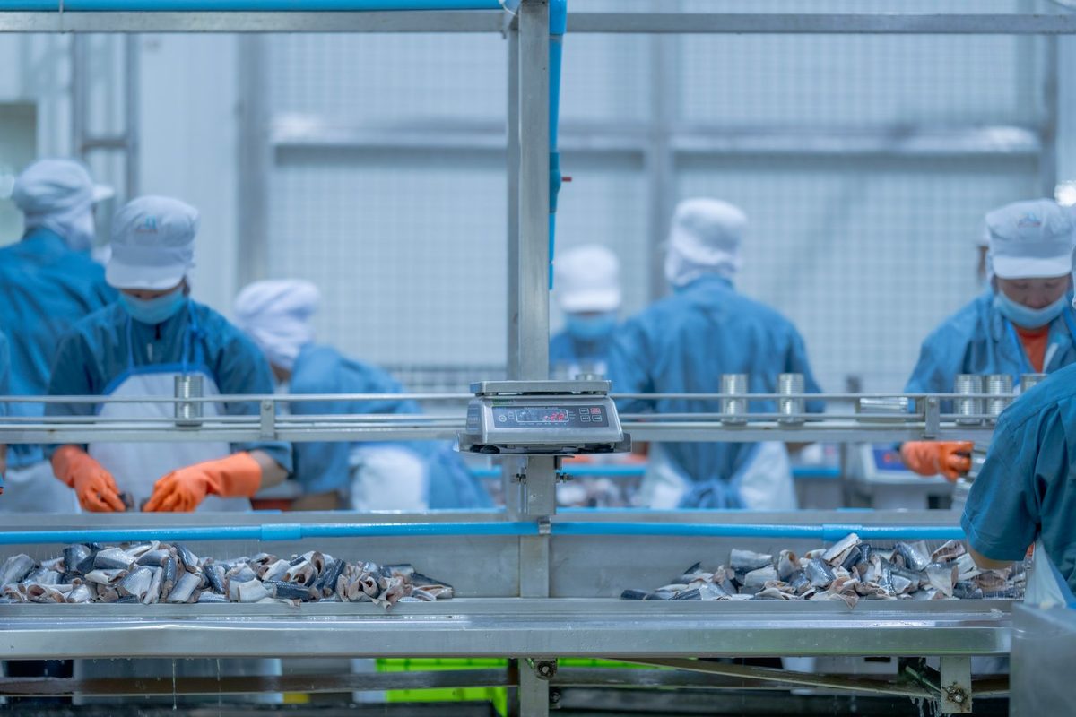 A food-processing supervisor in protective gear inspecting packaging on the factory floor